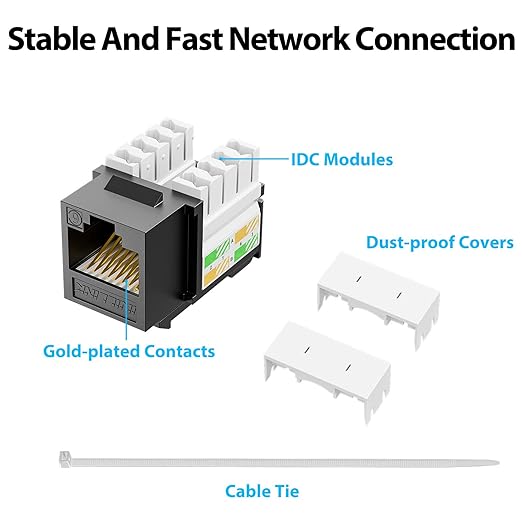 iwillink 10Gbps Cat6 Keystone Jack and Punch-Down Stand, 50-Pack, RJ45 Ethernet Keystone Jacks, 90-Degree UTP Modular Punch Down Keystone Jack Adapter, Black