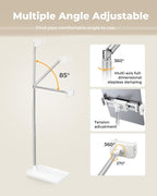 Extended Tablet Floor Stand, 360 Rotating Adjustable iPad Floor Holder with Long Flexible Arm, Compatible with 4-13" Devices, Stand for Bedside, Sofaside, Table, Desk (White)