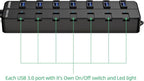 VEMONT USB hub,Computer Peripheral Equipment 7-Port USB 3.0 hub with 5V2A Power Adapter and Individual On/Off Switches,USB Charging hub 4ft/1.2m Long Cable