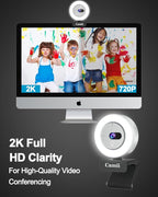 2K Webcam with Light, HD Webcam for PC with Built-in Privacy Cover, Adjustable Brightness, Noise Reduction Mics, for Zoom Skype Teams Laptop and Google Meet