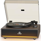 Vinyl Record Player Built in HiFi Stereo Speakers BT Wireless Input Belt Drive Iron Platter Turntables for Vinyls Records with MM Audio AT-3600L Cartridge Soft Warm Light Design Wooden Cream Brown