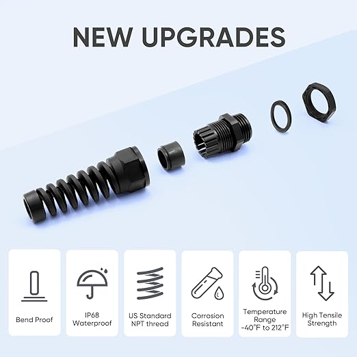 Strain Relief Cord Connector,LISTENJIALE 10Pcs NPT 3/8" Waterproof Cable Gland Flex Spiral Strain Relief Adjustable 5-10mm Cable Connector Nylon Joint with Gaskets(Black)