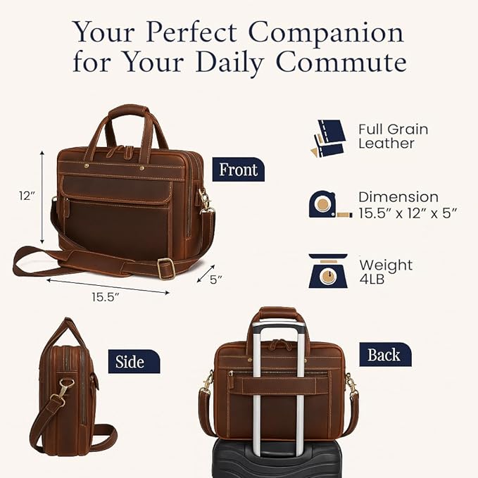 Luxorro Full Grain Leather Briefcase for Men, Top Choice Gifts, Handcrafted Laptop Bag with Multiple Compartments and Brass Hardware, Fits 15.6 Inch Laptop