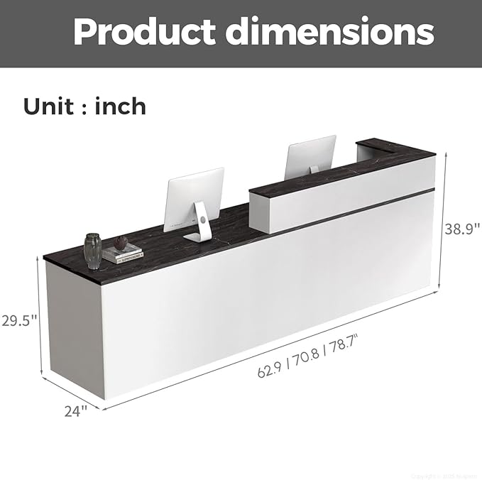 Reception Desk with Counter, Modern Front Desk Reception Counter with Keyboard Tray, Lockable Drawer and Storage Shelves for Office, Retail, Salon (White+Black/Right, 71" L*24" W*39" H)
