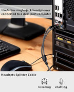 Headset Splitter Cable for PC 3.5mm Crystal-Nylon Braid Female to Dual 3.5mm TRS Male Headphone Mic Audio Y Splitter Cable CTIA Gaming Headset to PC Adapter - Matte Black 0.3M