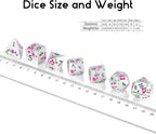 Metal Dungeons and Dragons Dice DNDND 7 PCS Heavy Metallic Flower D&D Dice Set with Gorgeous Gift Case for DND Tabletop Game (Matte Silver with Pink Flower)