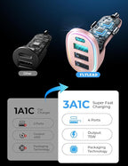 USB C Car Charger Cigarette Lighter Adapter 75W 4-Port Fast Car Charger Fast Charging Compatible with iPhone16/15/14/13 Series- Pink
