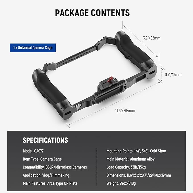 NEEWER Video Camera Cage Rig with Arca Type Quick Release Plate, Double Handles, 3/8" ARRI 1/4" Threads, Cold Shoes, Universal Camera Stabilizer, Compatible with SmallRig NEEWER Base Plate, CA077