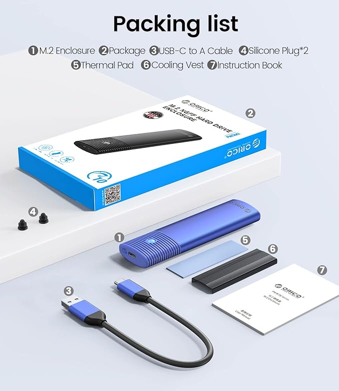 ORICO M.2 NVMe SATA SSD Enclosure Adapter Tool-Free, USB C 3.2 Gen 2 10Gbps NVMe, 5Gbps NGFF SATA PCIe M-Key(B+M Key) 2230/2242/2260/2280, Aluminum External M2 Reader Support UASP Trim-BL(G2A)