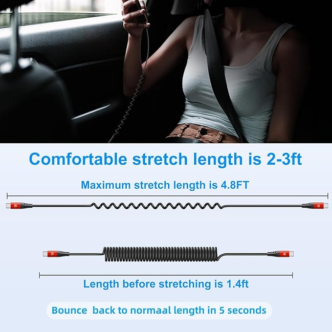 Coiled USB C Cable for Car 3FT & 6FT, USB C to USB C Fast Charging Cable USB Type C Cord Compatible with iPhone 16/15/Plus/Pro/Pro Max/MacBook Pro 2020/iPad Pro 2020/iPad Air 4/Samsung Galaxy S23-Red