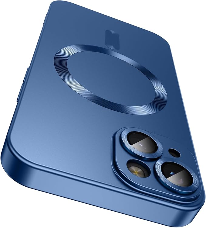 Magnetic for iPhone 13 Case [Compatible with MagSafe][Built-in Camera Lens Protector] Slim Soft Silicone Bumper Shockproof Metallic Luster Phone Case (Blue)