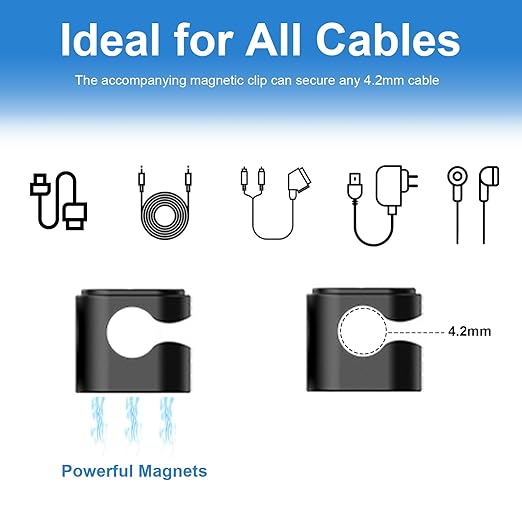 Wanheart Magnetic Cord Holders, Cable Organizer for Desk – Multipurpose Wire Clips for Lightning, USB-C, Micro Chargers, Stick to Metal Surface – Office & Home Use (8 Square Clips)