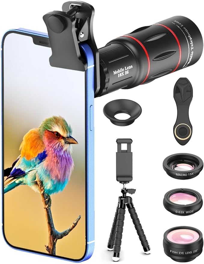 APEXEL 4 in 1 Phone Photography Kit, 18X Telephoto Lens, 198° Fisheye Lens, 15X Macro Lens, 0.63X Wide Angle Lens, Set with Flexible Phone Tripod, for iPhone 13/12/11/XS Max/XR/XS/X Samsung One Plus
