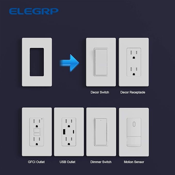 ELEGRP Matte White 1-Gang Screwless Decorative Wall Plates, Standard Size Unbreakable Thermoplastic Faceplate Cover for Decorator Receptacle Outlet Switch, UL Listed (5 Pack)