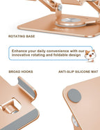 Tablet Stand 360° Rotating Aluminum Holder, Adjustable, Portable and Foldable Monitors Stand for iPads, Compatible with 4-12.9" Tablets, Golden