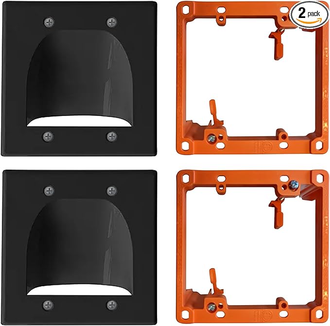 BestMounts - 2 Pack In Wall Cable Management Kit - Recessed Wall Plate Cable Black Pass Through Pair with Dual Gang Low Voltage Mounting Bracket - TV Cord Hider for Wall Mounted TV ETL Listed