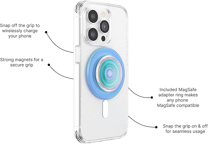 PopSockets Phone Grip for MagSafe with Kickstand, Magnetic Stand, Swappable Top, Secure Hold for iPhone MagSafe Cases, Phone & Tablet Grip - Blue Opalescent