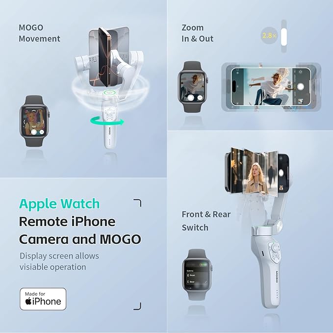 MOGO Only for iPhone, Gimbal Stabilizer for iPhone, [Apple MFi Certified] Cell Phone Gimbal Stabilizer with 360 Degree Tracking for Video Recording, NFC Pair and Magnetic for iPhone 16 Pro Max
