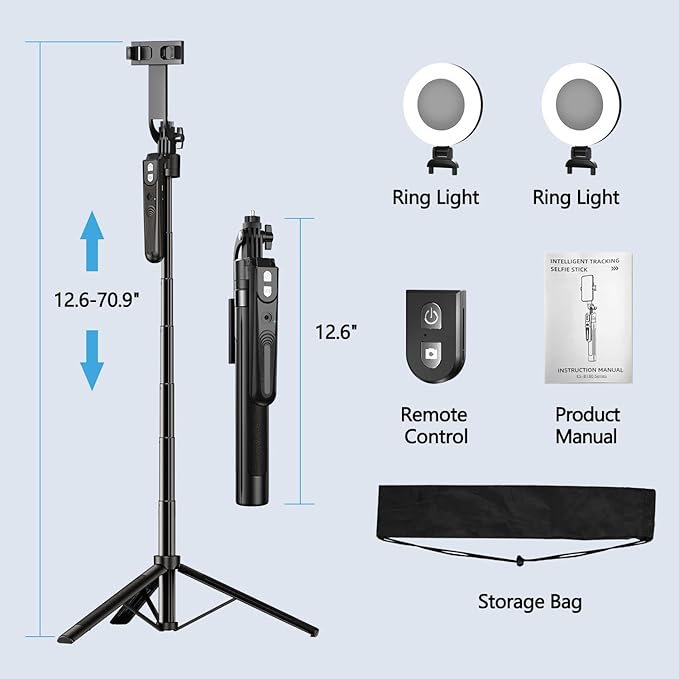 Auto Face Tracking Tripod with 360 Rotation Stand, 70.9" Ai Motion Tracking, Selfie Stick Rotation with Remote, Motion Sensor Phone Stand, for Vlog/Live Stream/Video Recording