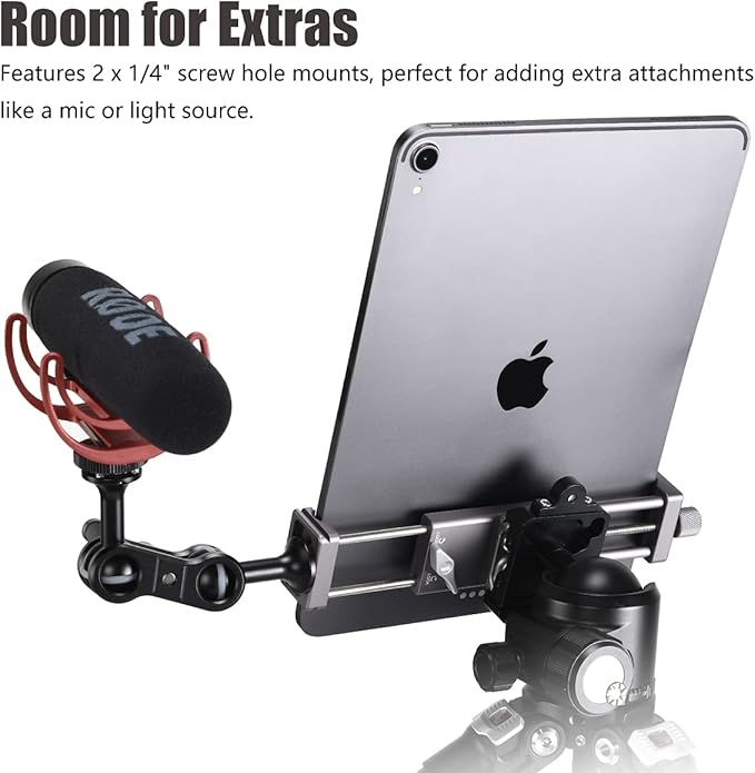 Full Metal Tablet Tripod Holder – Compatible with iPad mini, Air, Pro | 1/4" Screw & ARCA Dovetail Mounts | Universal Tablet Clamp Adapter