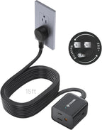TROND 360° Rotating Flat Plug Extension Cord 15ft, Low Profile Small Power Strip, 3 Side Grounded Outlet, 13A, SPT 16/3 Gauge Cable for Indoor Home Office Kitchen Cruise Travel Essentials, Black