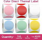 6 Rolls 2 Inch 6-Color Assorted Circle Direct Thermal Stickers Labels, Self-Adhesive Round Direct Thermal Labels for Business, DIY, Code, Name Tag, Envelope Seal - 4500 Labels