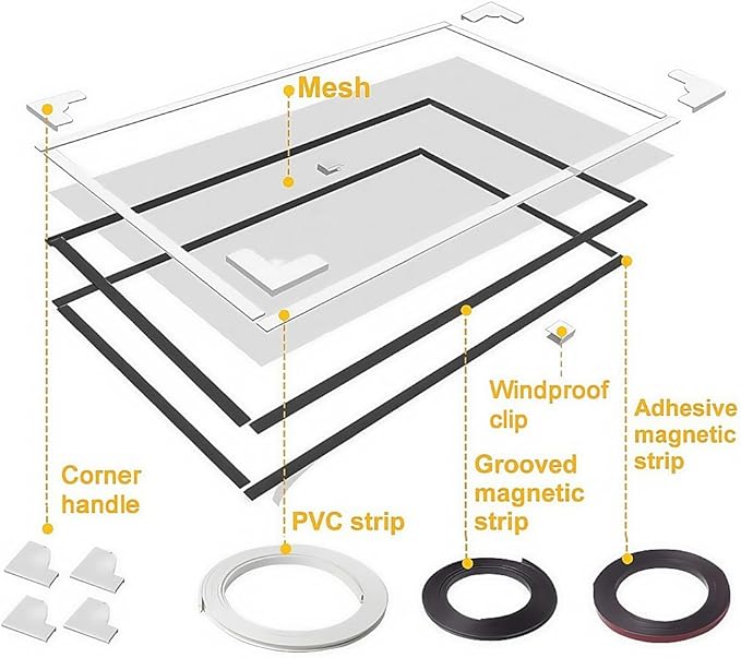 VKX Adjustable DIY Magnetic Window Screen, Fiberglass Mesh, Strong(720GS) Magnetic Strips, White Frames Grey Mesh, Suitable for Various Types of Screen Windows (36 "x 55")
