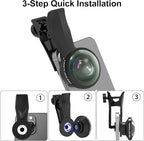 8MM 220°Fisheye Lens for iPhone Android Smartphone, Compatible with SmallRig NEEWER Phone Cage, with 17mm Thread Universal Phone Lens Clip and Black Portable Bag