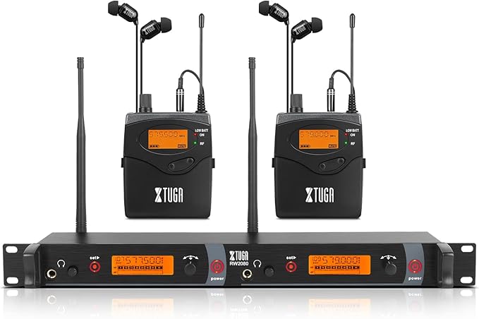XTUGA RW2080 Wireless in Ear Monitor System Mono with 2 Bodypacks, Dual Channel Design IEM UHF System Stage Monitors Earphone 300Ft Range, 40 Frequencies for Band, Studio, Musicians, 902-928mhz