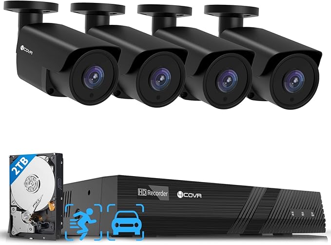 4COVR 4K PoE Security Camera System, 8CH 8MP H.265 UHD NVR with 2TB HDD, 4Pcs 8MP Wired Bullet IP Camera with Audio, IP67 Home Weatherproof, Person Vehicle Detection & Night Vision, LY37EB8M0804