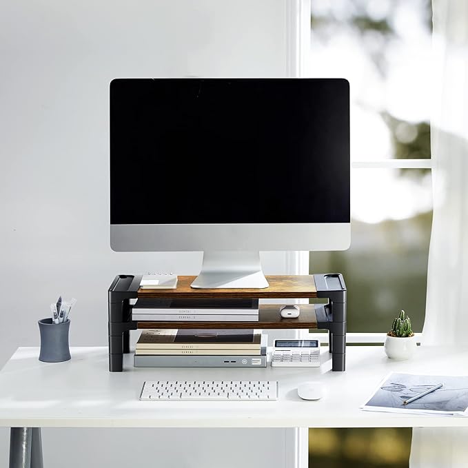 HUANUO Monitor Stand Computer Riser, Monitor Stand for Desk with Adjustable Height and 2 Platforms, Ergonomic Computer Riser, Monitor Riser for Laptops and Monitors, HNMS04V