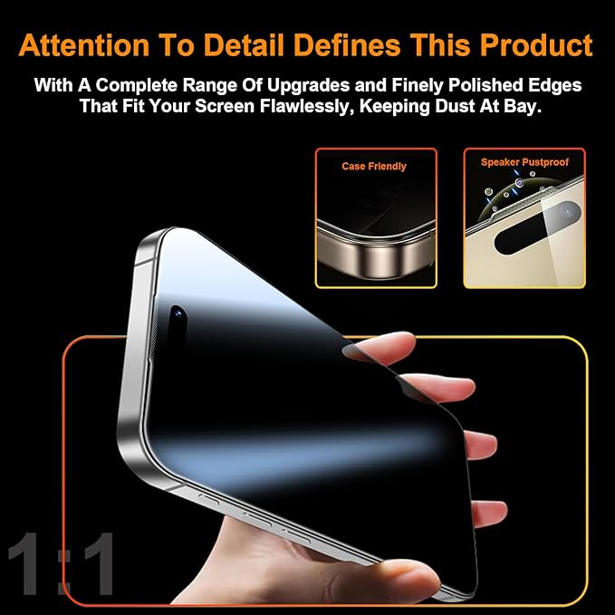 OneFish 2 Pack Privacy Screen Protector for iPhone 16/15-4-Way 360° Anti-Spy Tempered Glass, 9H Hardness, 3D Curved Edges, Case-Friendly & Easy Installation