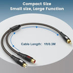 RCA Splitter Cable 1 Male to 2 Female Y Adapter with Copper Shell & 24K Gold-Plated Connector RCA Male to Dual RCA Female Extension Cord Black/1ft/0.3m