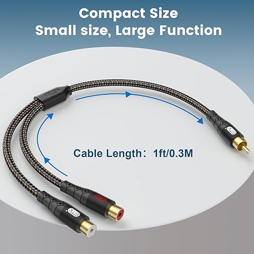 RCA Splitter Cable 1 Male to 2 Female Y Adapter with Copper Shell & 24K Gold-Plated Connector RCA Male to Dual RCA Female Extension Cord Black/1ft/0.3m