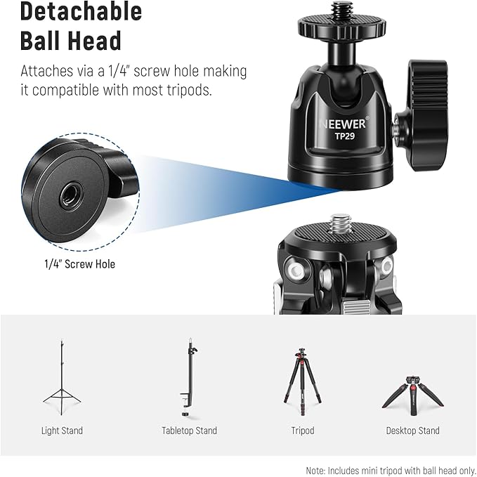 NEEWER Mini Desk Tripod, Metal Table Top Small Portable Travel Selfie Stick Stand with 360° Ball Head & 1/4" Screw for Camera Mobile Phone Holder Action Cam, Cleaning Cloth, Max Load 6.6 lbs, TP29