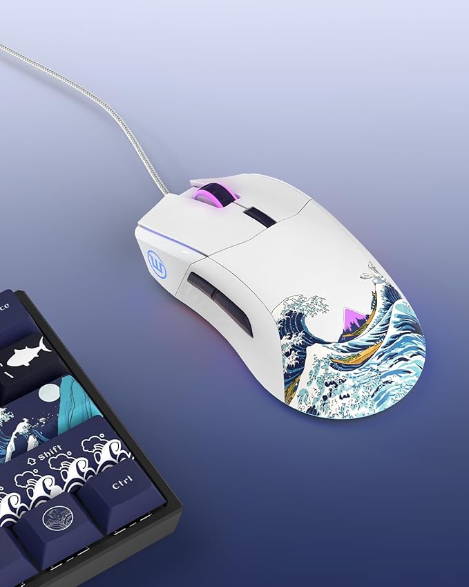 COSTOM Womier G705 USB Wired Gaming Mouse for PC Computer Windows Mac Laptop, Lightweight Silent RGB Backlit Mouse with Adjustable 12000DPI/7 Programmable Side Buttons,White Kanagawa Theme