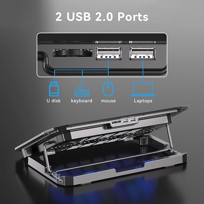 Ultra Slim Laptop Cooling Pad for 10-15.6 Inch Laptops, Portable Notebook Cooler with 2 Quiet Big Fans, Gaming Laptop Fan Wind Speed Adjustable, 5 Heights Adjustment, 2 USB Port