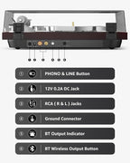 Turntable Record Player Wireless Output Carbon Fiber Tonearm Vinyl Player Aluminium Platter Belt-Drive LP Turn Tables 33 1/3&45 RPM Audio Phono RCA Line Out AT-3600L MM Cartridge Pale Walnut Red