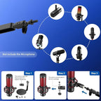 Low Profile Mic Arm 15cm Extra Riser Adjustable Mic Boom Arm Metal Desk Mounted Microphone Stand Cable Management Flexible Microphone Holder for Podcast Streaming Gaming Desktop
