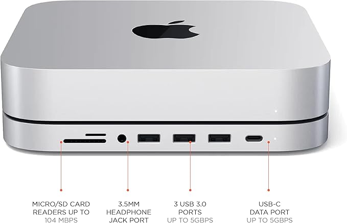 Satechi USB C Hub, Type-C Aluminum Stand & Hub, USB-C Data Port, Micro/SD Card Readers, USB 3.0 & Headphone Jack Port, for Mac mini M2/M1 (Not Compatible with M4) - Silver