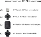 12 Pcs 1/4" & 3/8" Camera Screw Adapter Set - DSLR, GoPro, Flash & Light Stand Mounts