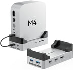 ANYOYO Mac mini M4 Dock and Stand, 10-in-1 Aluminum USB-C Hub with M.2 NVMe SSD Enclosure, 4K 60Hz Dual HDMI, 10 Gbps USB-C/A, 30W PD-in, Smart Fan Cooling, Wi-Fi Signal Friendly Design, Silver