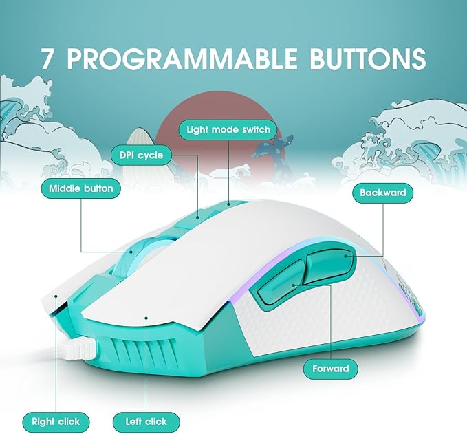 HITIME XVX Wired Gaming Mouse, 12000 DPI RGB Mouse with 12 Backlit Modes & 7 Macro Buttons, PC Gaming Mice Support DIY Keybinding, Gamer Computer Mice for Laptop PC Mac Windows, Coral Sea