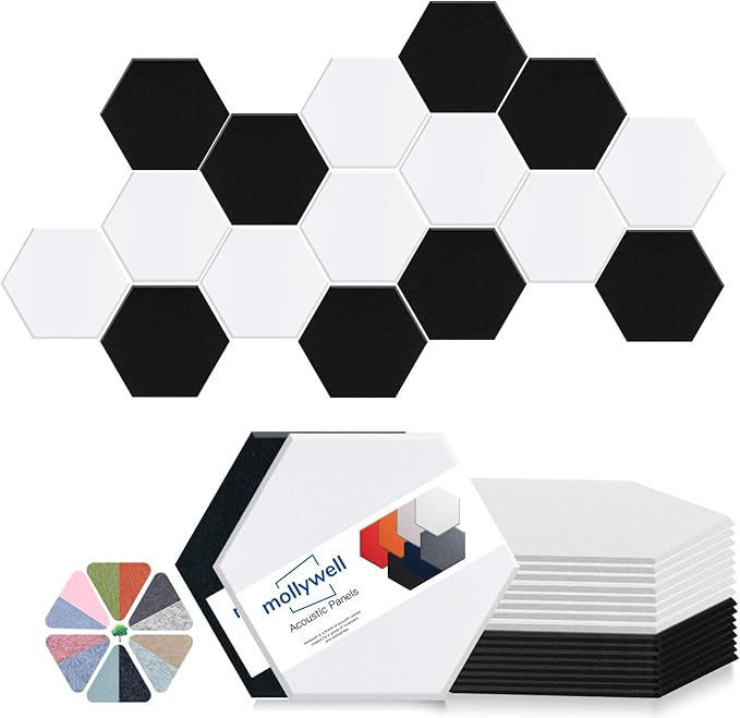 Mollywell Hexagon Acoustic Panels, High Density, Soundproofing, Decorative Noise Reduction Felt Wall Tiles for Ceilings, Home Office & Gaming Room (Black and White), 14x12x0.4 Inch