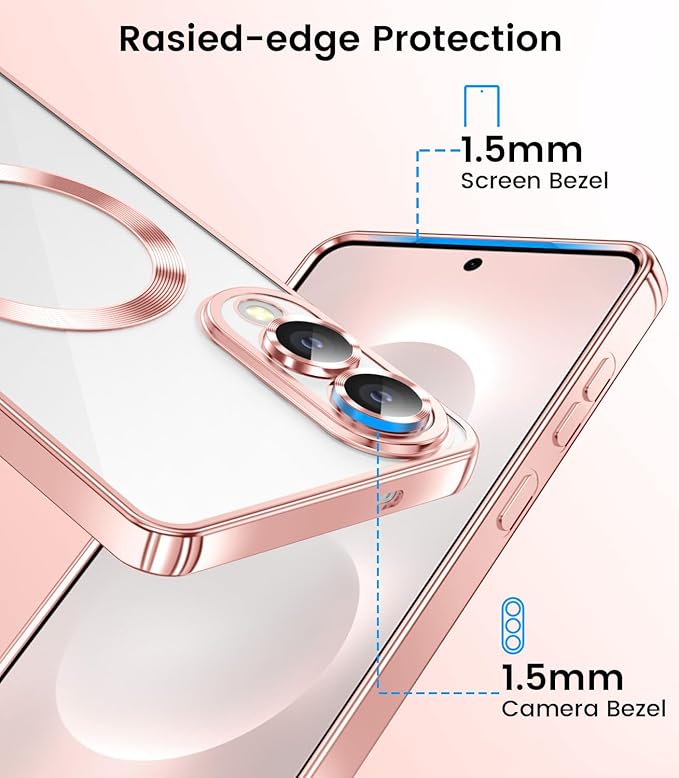 Slim Thin for Samsung Galaxy S25 Edge Case, Compatible with MagSafe, Built-in Camera Lens Protector, Shockproof Protective Phone Case, Soft Electroplated Clear Cover, Rose Gold