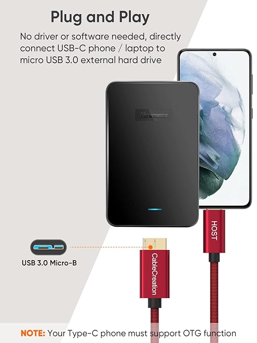 CableCreation 1FT USB C to Micro B Cable,10Gbps Speed External Hard Drive Braided,USB 3.1 Type C to Micro B Work for iPhone 15 Series,Seagate WD Westgate My Passport,MacBook Pro/Air, iPad/Tablet,Red