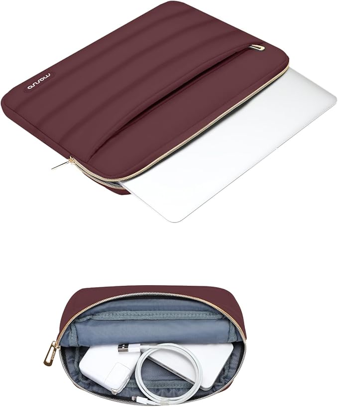 MOSISO 15-15.6 inch Laptop Case, 16 inch Puffy Laptop Sleeve Compatible with MacBook Pro 16, HP Dell ASUS Acer Toshiba Lenovo Notebook Computer, Polyester Horizontal Bag with Small Case, Wine Red