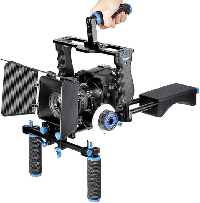 Shoulder Rig Stabilizer Kit, Aluminum Alloy Camera Stabilizer Cage with Top Handle Follow Focus Rods Shoulder Rig 1/4 3/8 Screw