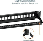 Tecmojo 24-Port Blank Keystone Patch Panel, 1U 19" Rackmount Housing with Cable Management Support Bar, Black