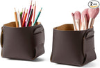 HOMIEAZICOZI 2-Pack Cork Leather Desk Accessories Storage - Pencil Pen Holder - Makeup Brush Holder Organizer - Stylish Addition to Home Decor (Coffee)